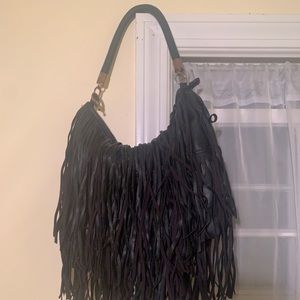 Black faux leather fringe shoulder bag.